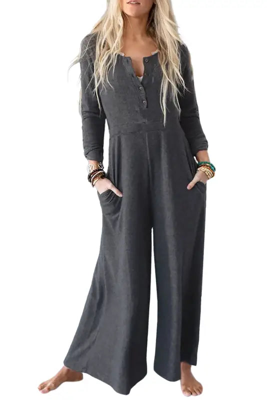 Gray button long sleeve wide leg jumpsuit - bottoms