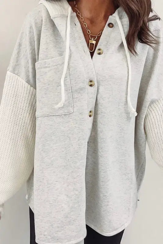 Gray button up contrast knitted sleeves hooded jacket - shackets