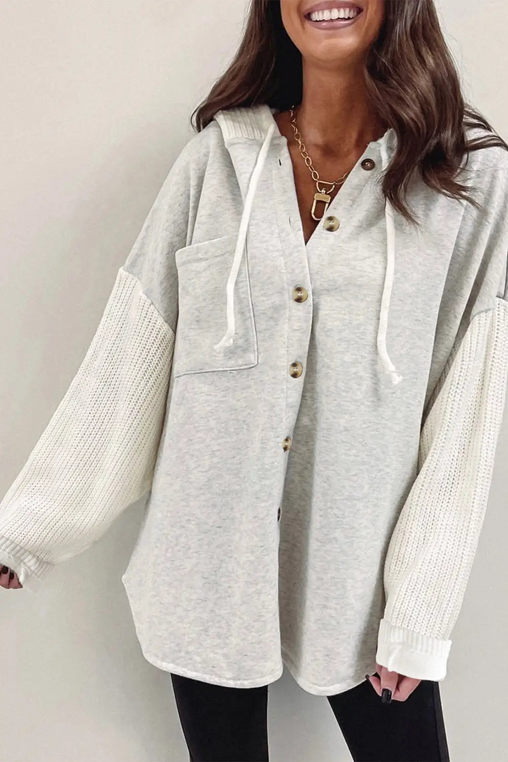 Gray button up contrast knitted sleeves hooded jacket -
