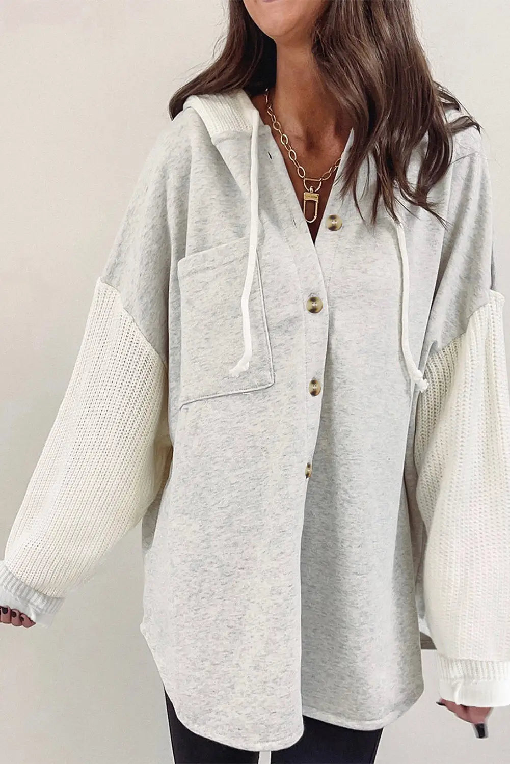 Gray button up contrast knitted sleeves hooded jacket -