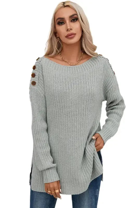 Gray Buttoned Drop Shoulder Oversized Sweater - Fashionfitz
