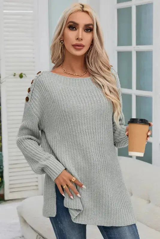 Gray Buttoned Drop Shoulder Oversized Sweater - Fashionfitz