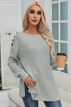 Gray Buttoned Drop Shoulder Oversized Sweater - Fashionfitz