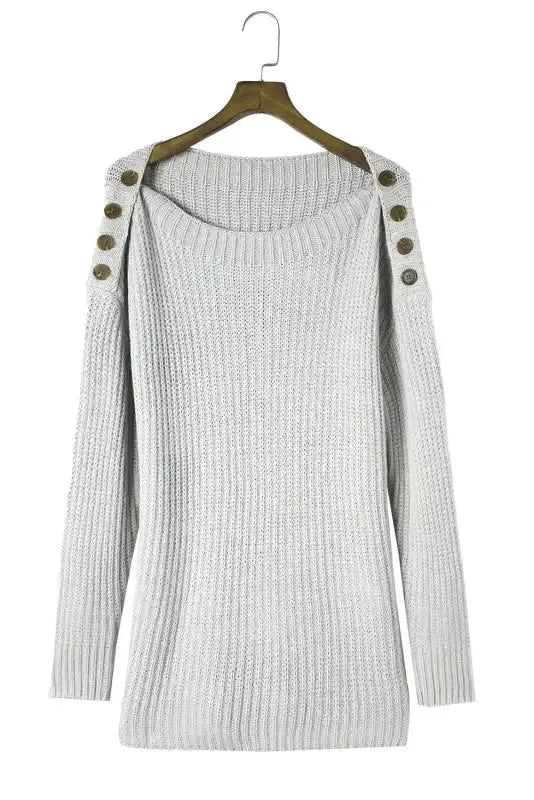 Gray Buttoned Drop Shoulder Oversized Sweater - Fashionfitz