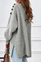 Gray Buttoned Drop Shoulder Oversized Sweater - Fashionfitz