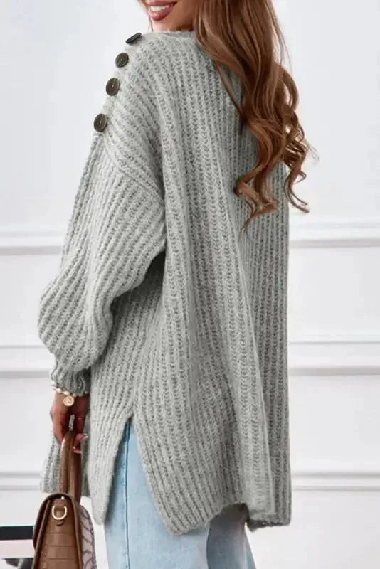 Gray Buttoned Drop Shoulder Oversized Sweater - Fashionfitz
