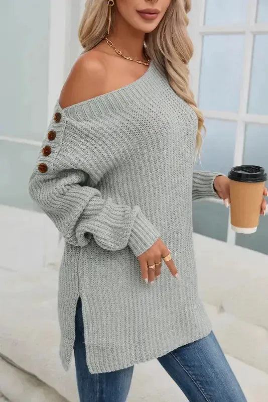 Gray Buttoned Drop Shoulder Oversized Sweater - Fashionfitz