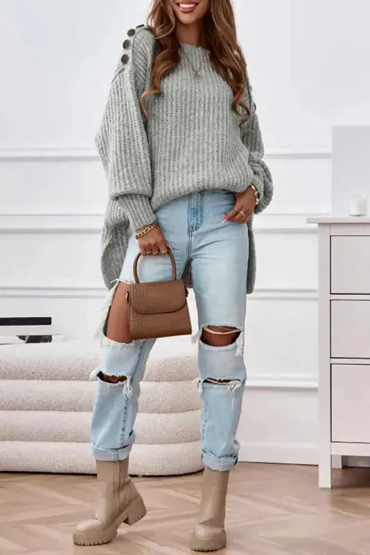 Gray Buttoned Drop Shoulder Oversized Sweater - Fashionfitz