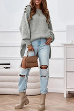 Gray Buttoned Drop Shoulder Oversized Sweater - Fashionfitz