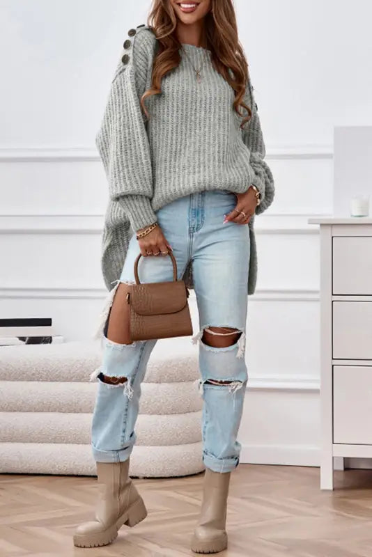 Gray buttoned drop shoulder oversized sweater - sweaters & cardigans