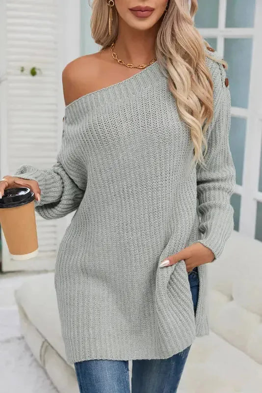 Gray Buttoned Drop Shoulder Oversized Sweater - Fashionfitz