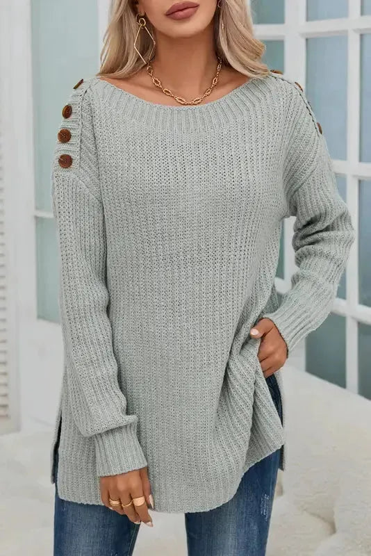 Gray Buttoned Drop Shoulder Oversized Sweater - Fashionfitz