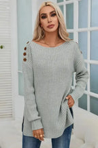 Gray Buttoned Drop Shoulder Oversized Sweater - Fashionfitz
