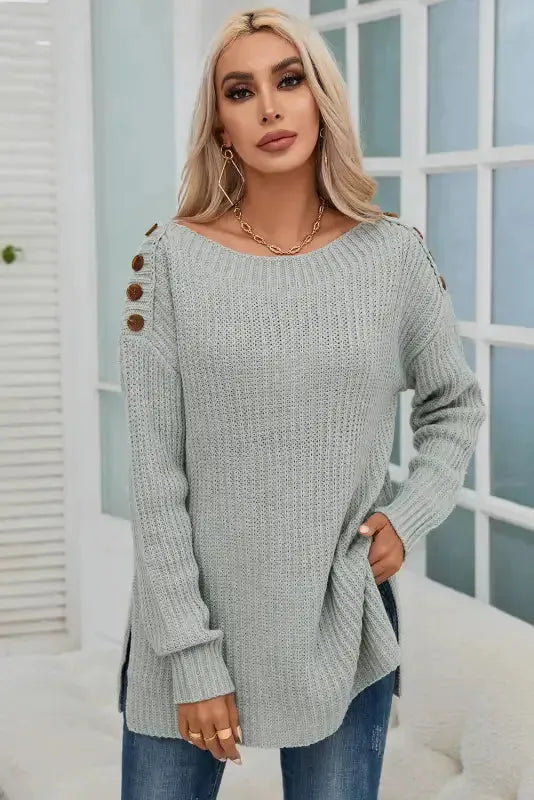 Gray Buttoned Drop Shoulder Oversized Sweater - Fashionfitz
