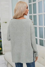 Gray Buttoned Drop Shoulder Oversized Sweater - Fashionfitz