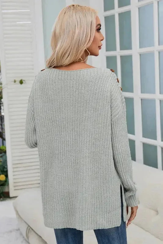 Gray Buttoned Drop Shoulder Oversized Sweater - Fashionfitz