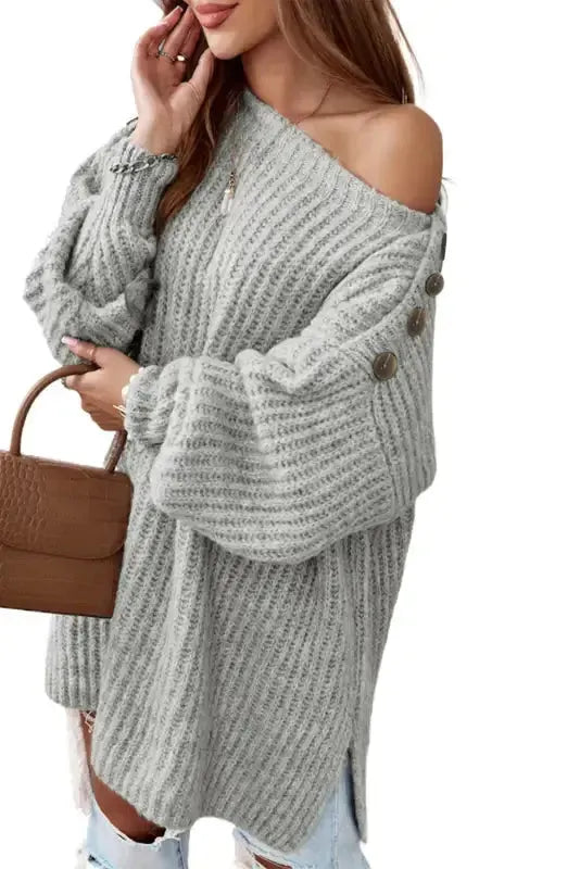 Gray Buttoned Drop Shoulder Oversized Sweater - Fashionfitz