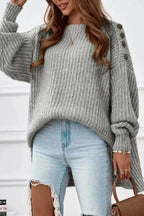 Gray Buttoned Drop Shoulder Oversized Sweater - Fashionfitz