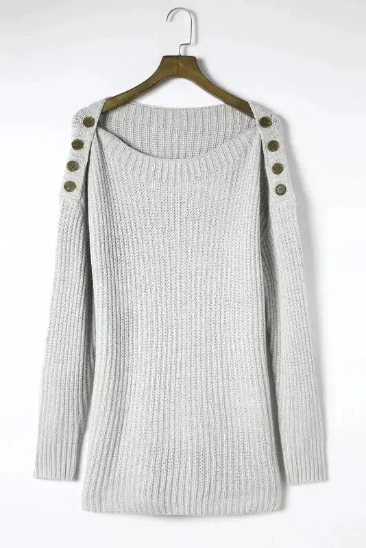 Gray Buttoned Drop Shoulder Oversized Sweater - Fashionfitz