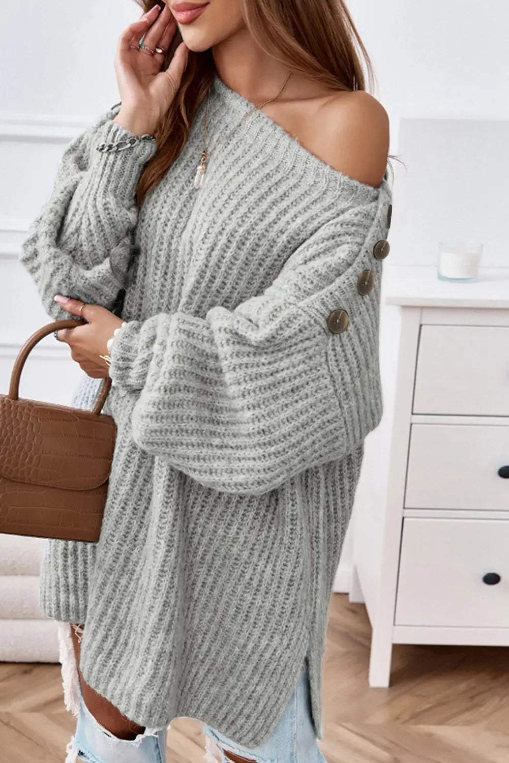 Gray buttoned drop shoulder oversized sweater - sweaters & cardigans