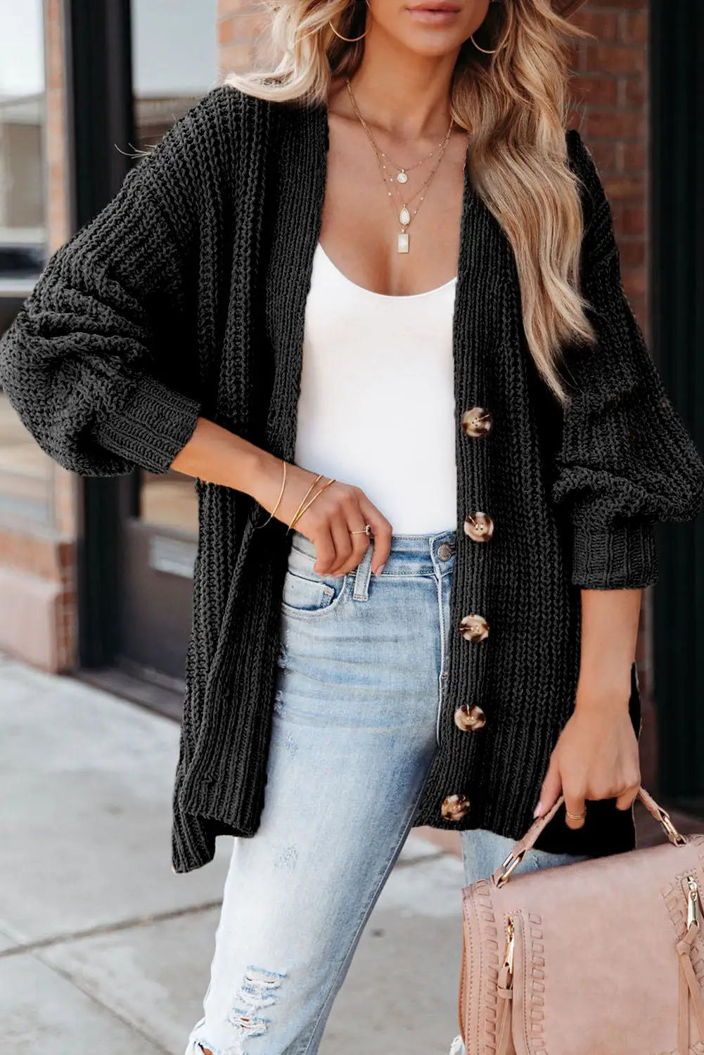 Gray buttoned front drop shoulder knitted cardigan - black / s / 100% polyester - sweaters & cardigans