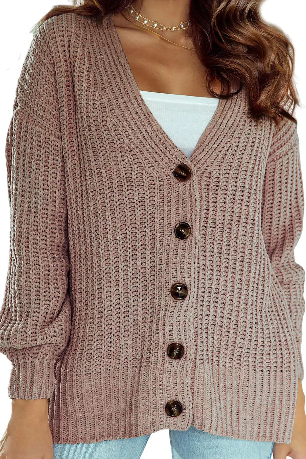 Gray buttoned front drop shoulder knitted cardigan - sweaters & cardigans