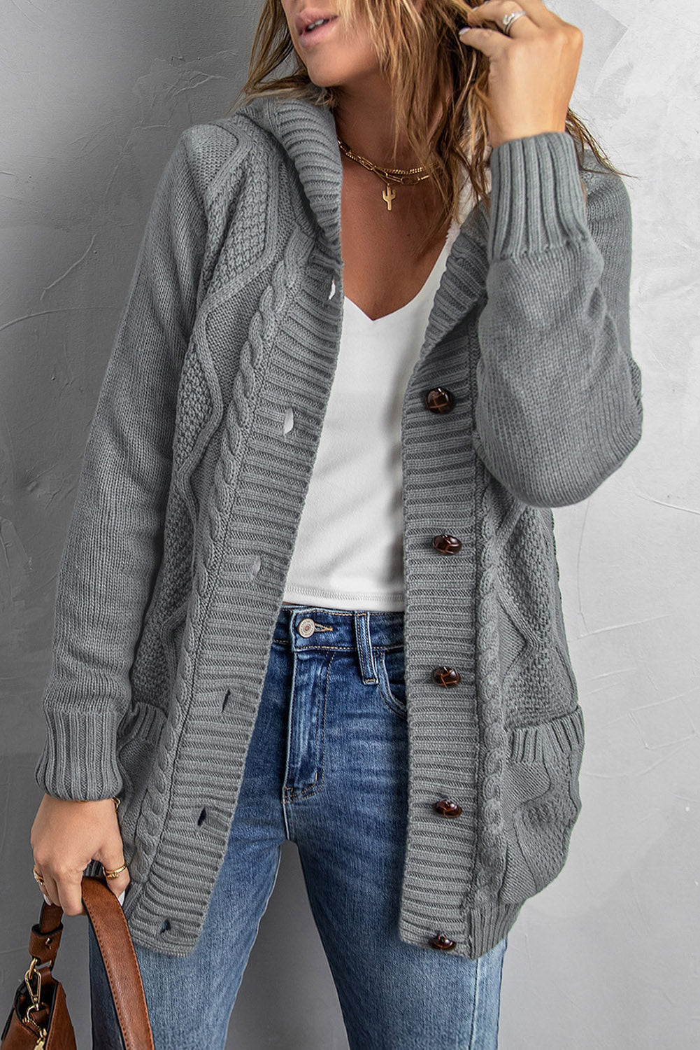Gray buttoned hooded open front knitted cardigan - s / shell:100% acrylic;lining:100% polyester - sweaters & cardigans