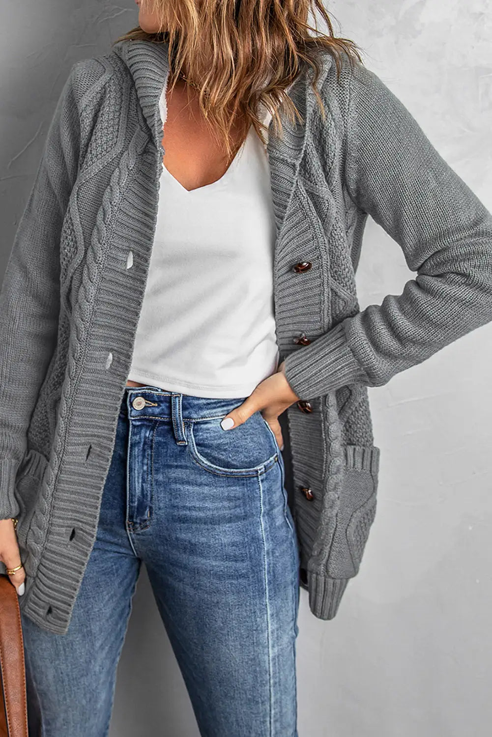 Gray buttoned hooded open front knitted cardigan - sweaters & cardigans