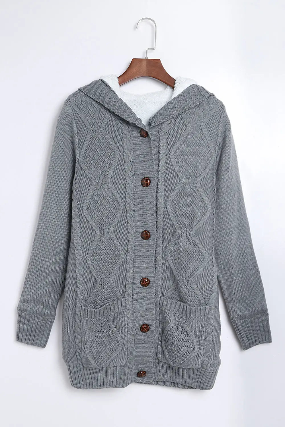 Gray buttoned hooded open front knitted cardigan - sweaters & cardigans