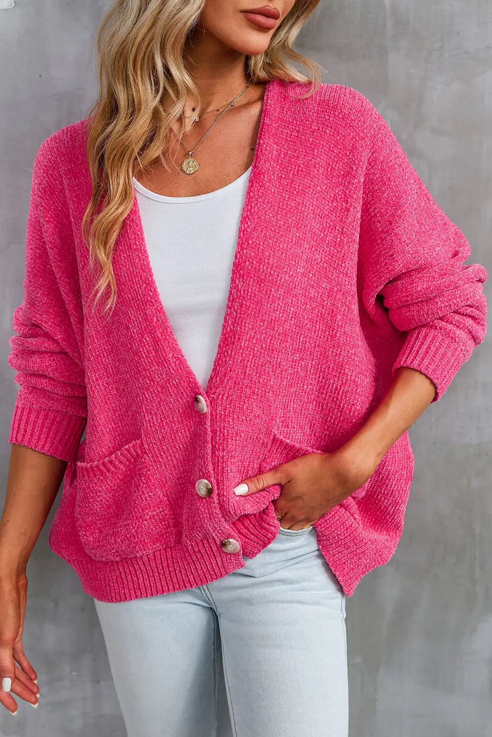 Gray buttons front pocketed sweater cardigan - rose / m / 100% polyester - & cardigans