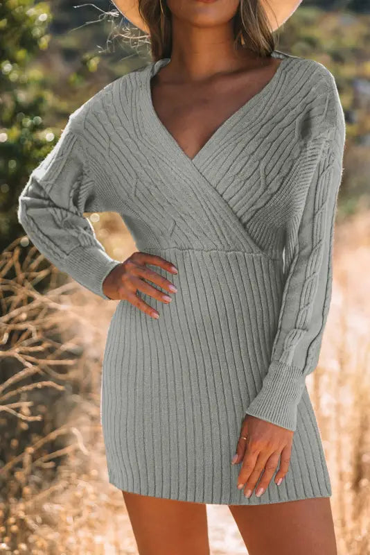 Gray cable ribbed knit v neck bodycon sweater dress - dresses