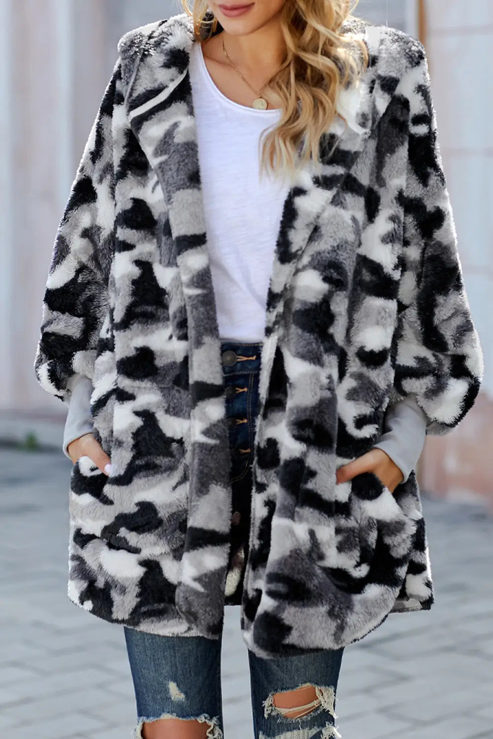 Gray camo print soft fleece hooded open front coat - s - coats