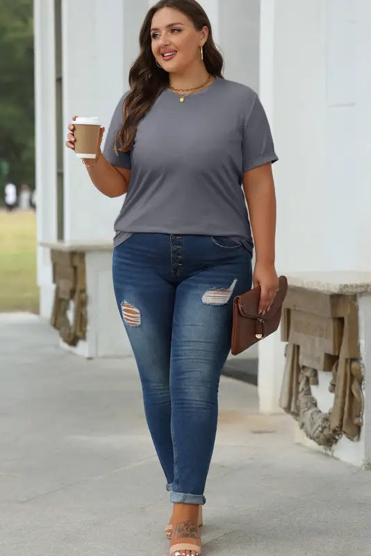 Gray casual plain crew neck tee - tops