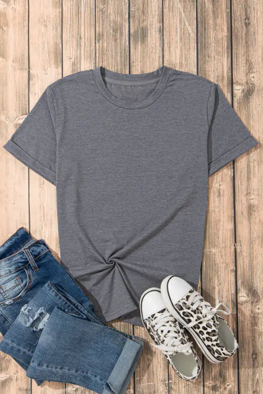 Gray casual plain crew neck tee - tops