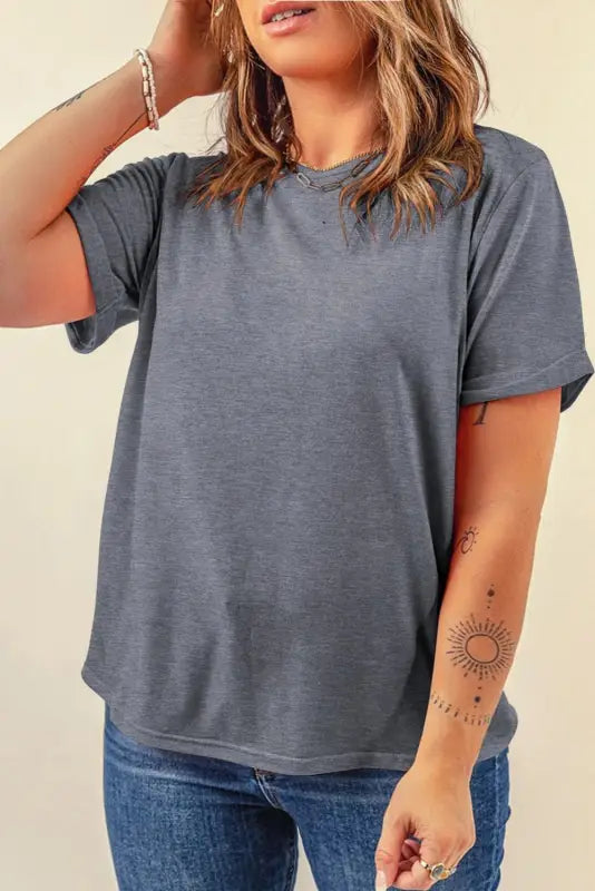 Gray casual plain crew neck tee - tops