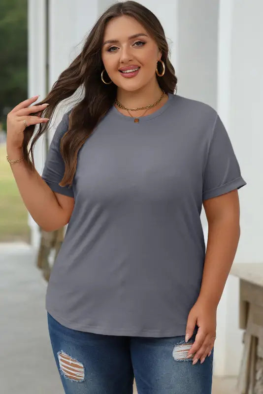 Gray casual plain crew neck tee - tops