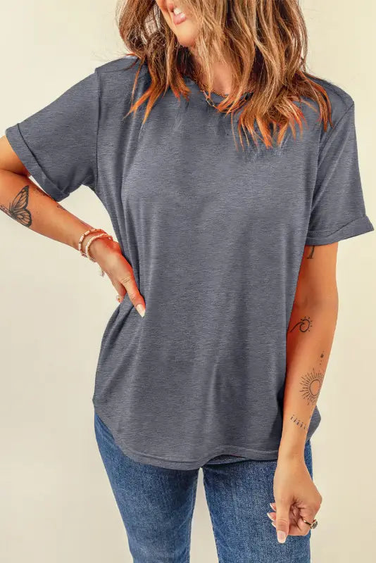 Gray casual plain crew neck tee - tops