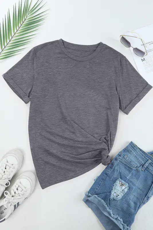 Gray casual plain crew neck tee - tops