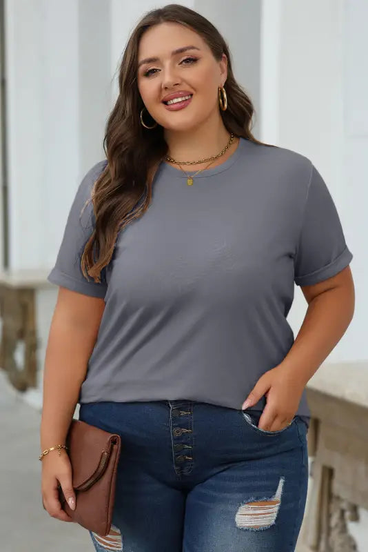 Gray casual plain crew neck tee - tops