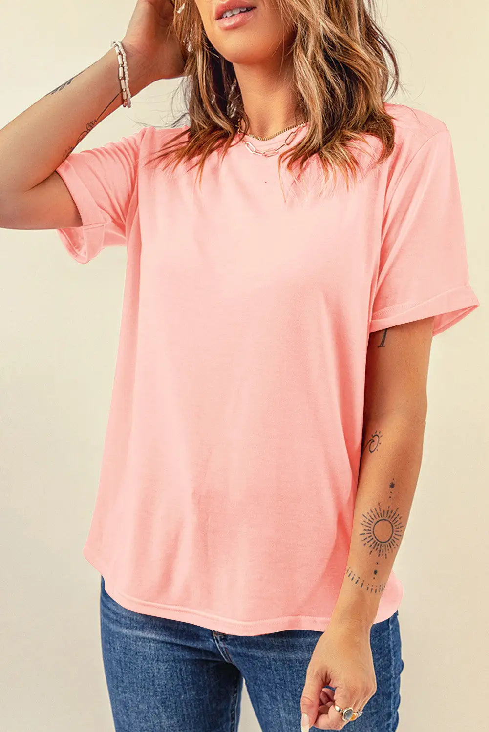 Gray casual plain crew neck tee - pink / 2xl / 62% polyester + 32% cotton + 6% elastane - t-shirts