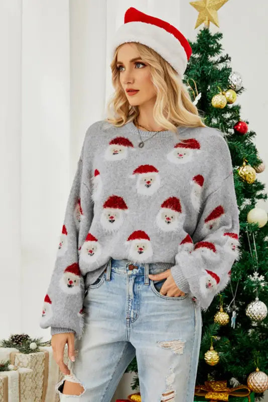 Gray christmas santa claus pullover sweater - sweaters & cardigans