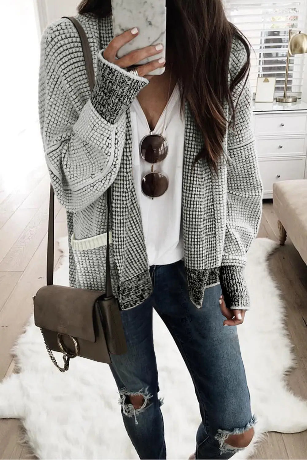 Gray chunky waffle knit oversized collar cardigan - s / 65% acrylic + 35% polyester - sweaters & cardigans