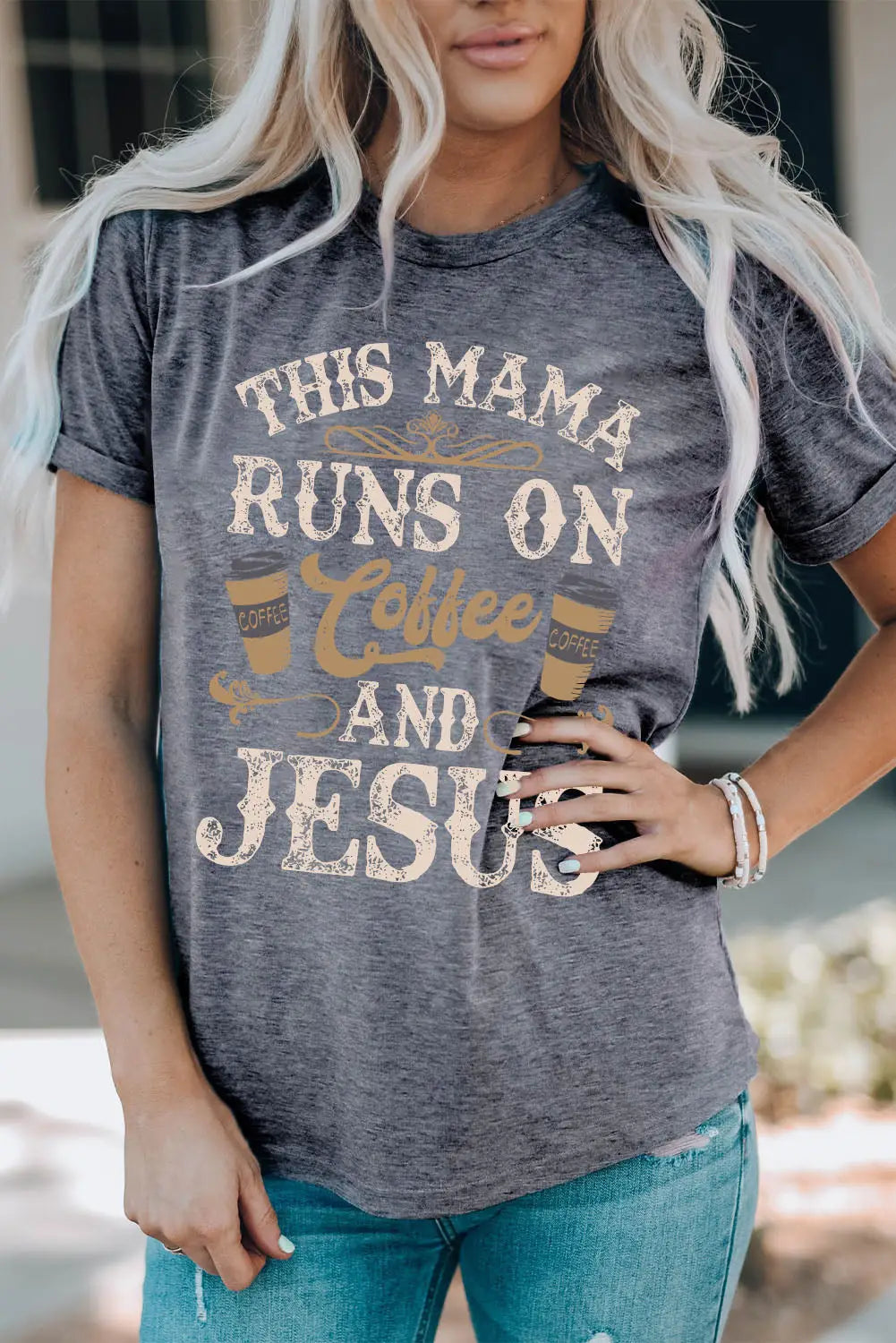 Gray coffee and jesus graphic t-shirt - t-shirts
