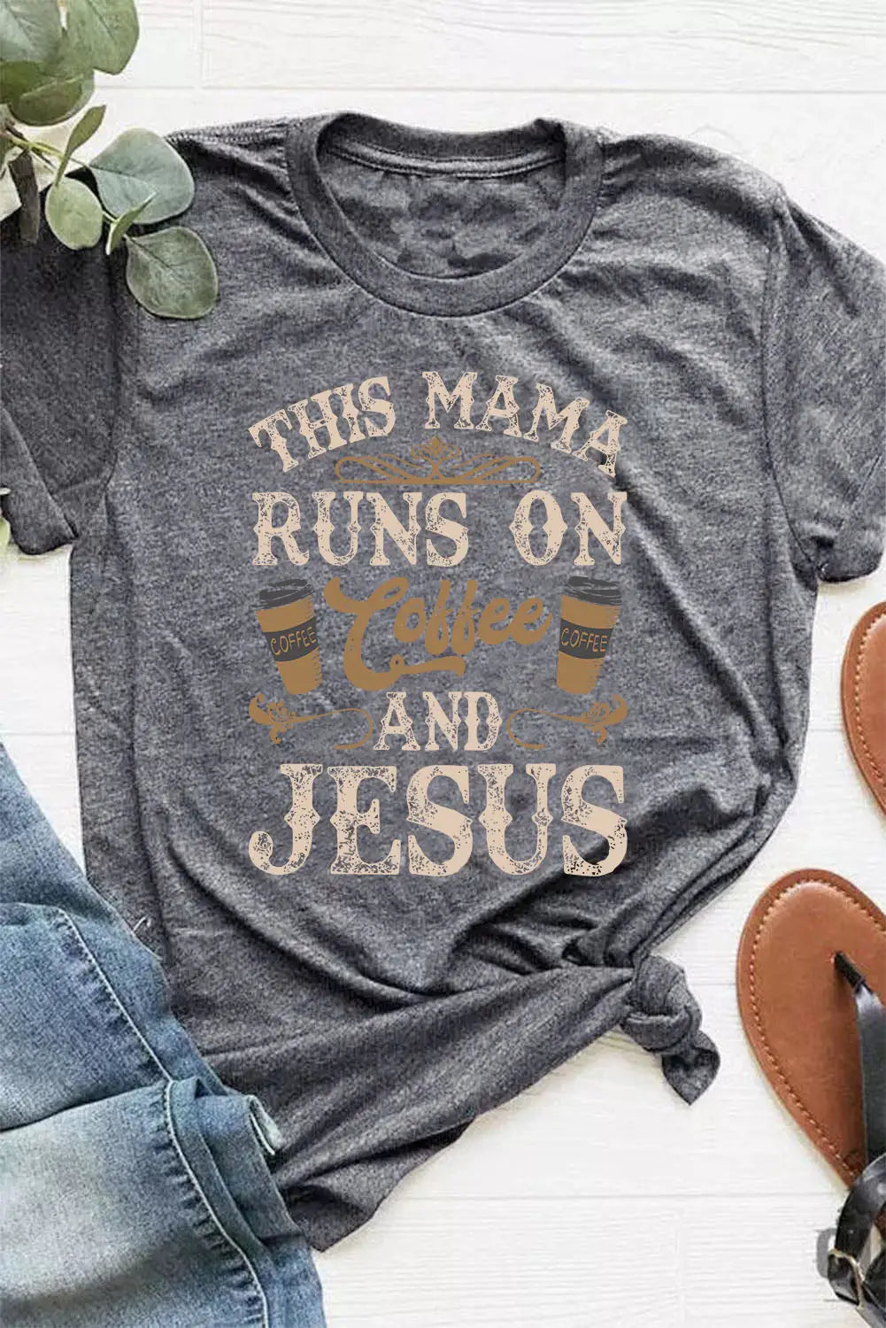 Gray coffee and jesus graphic t-shirt - t-shirts