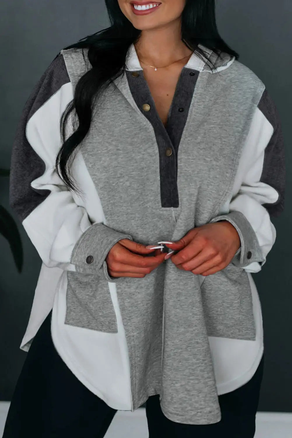 Gray color block exposed seam buttoned neckline hoodie - medium grey / 1x / 65% polyester + 35% cotton - tops
