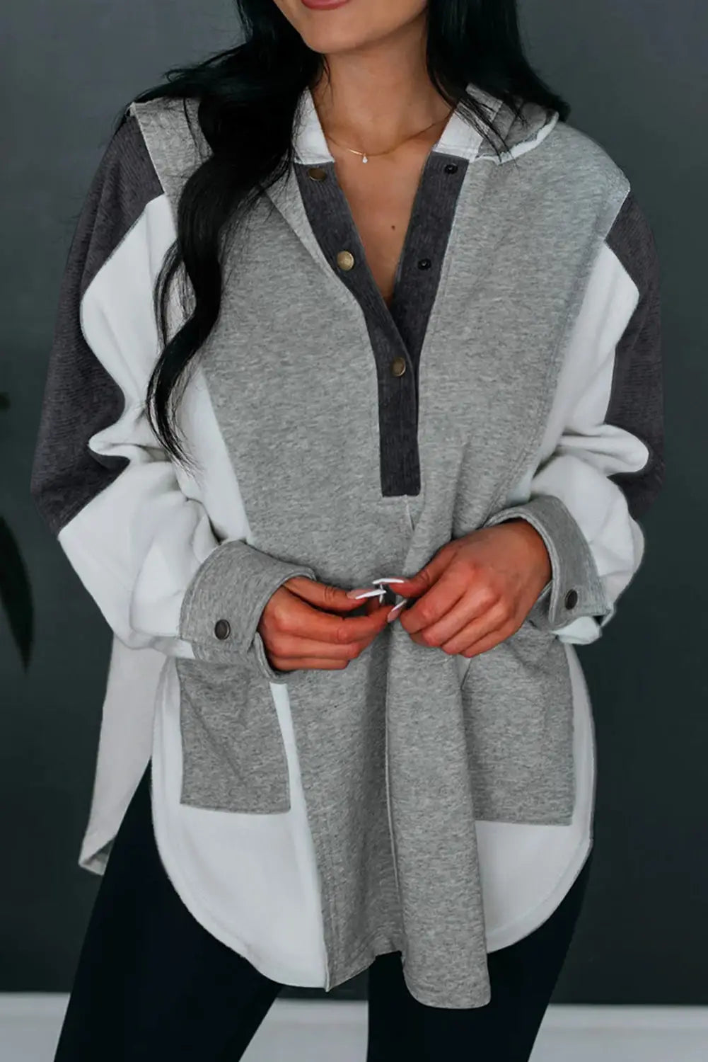 Gray color block exposed seam buttoned neckline hoodie - s / 65% polyester + 35% cotton - tops