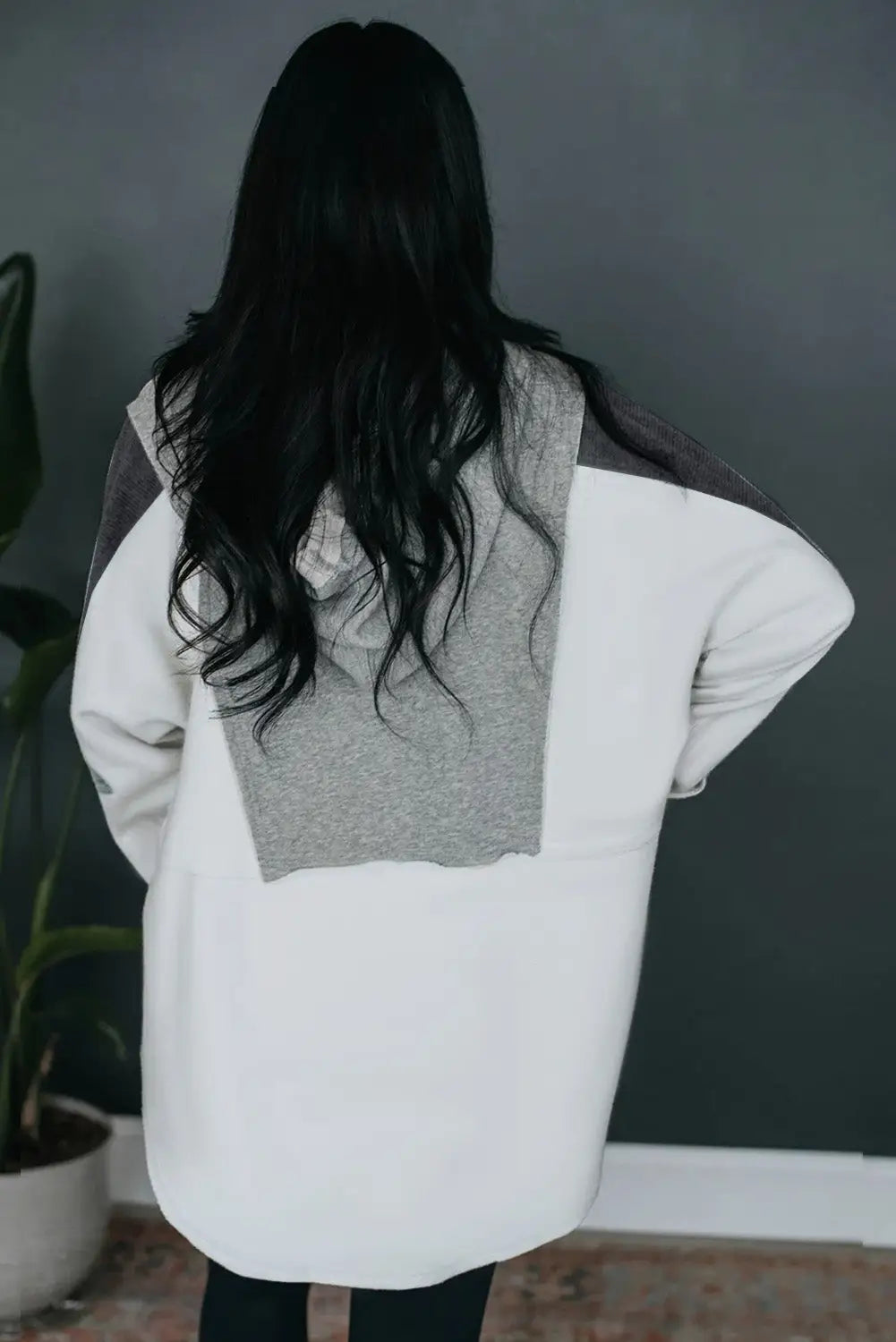 Gray color block exposed seam buttoned neckline hoodie - tops
