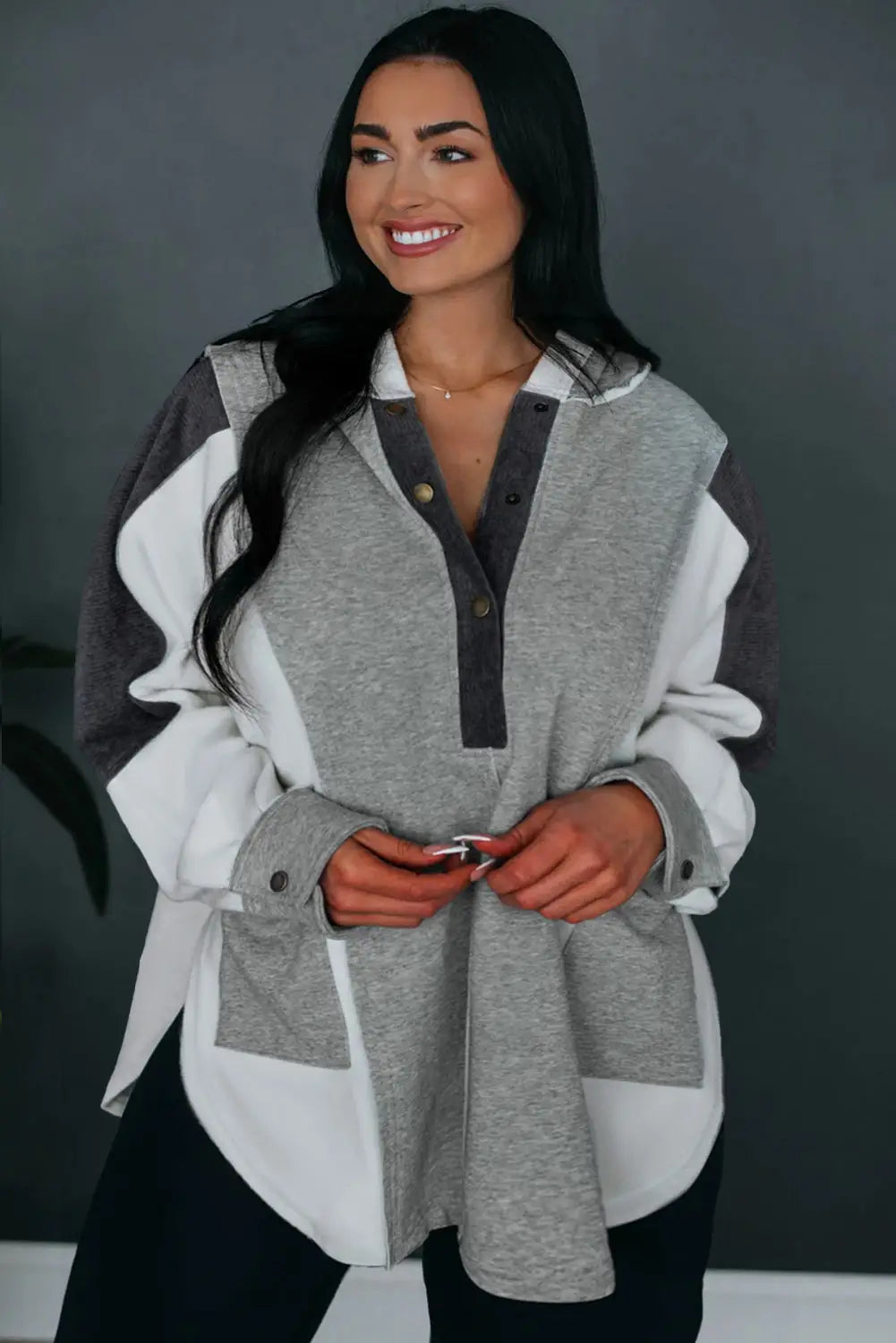 Gray color block exposed seam buttoned neckline hoodie - tops