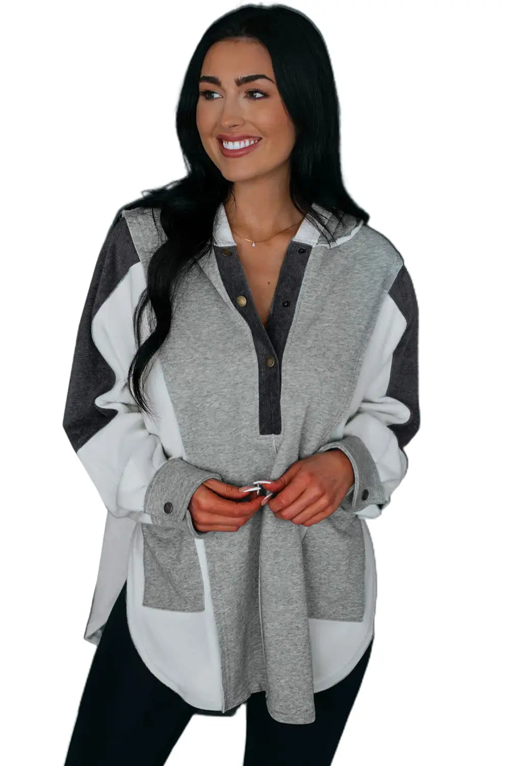 Gray color block exposed seam buttoned neckline hoodie - sweatshirts & hoodies