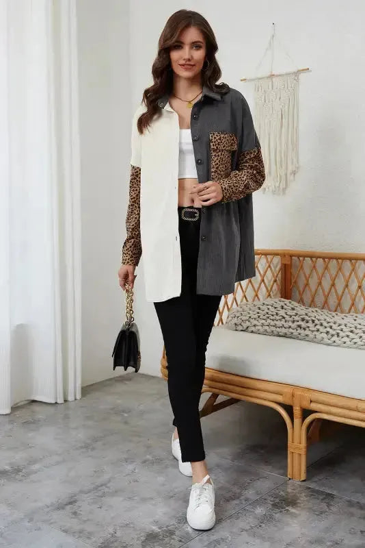 Gray Color Block Leopard Patched Corduroy Shacket - Fashionfitz